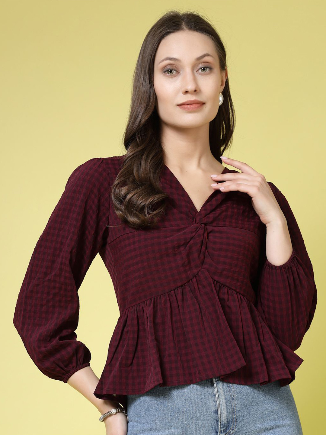 BEING NAUGHTY Checked Puff Sleeves Crop Top