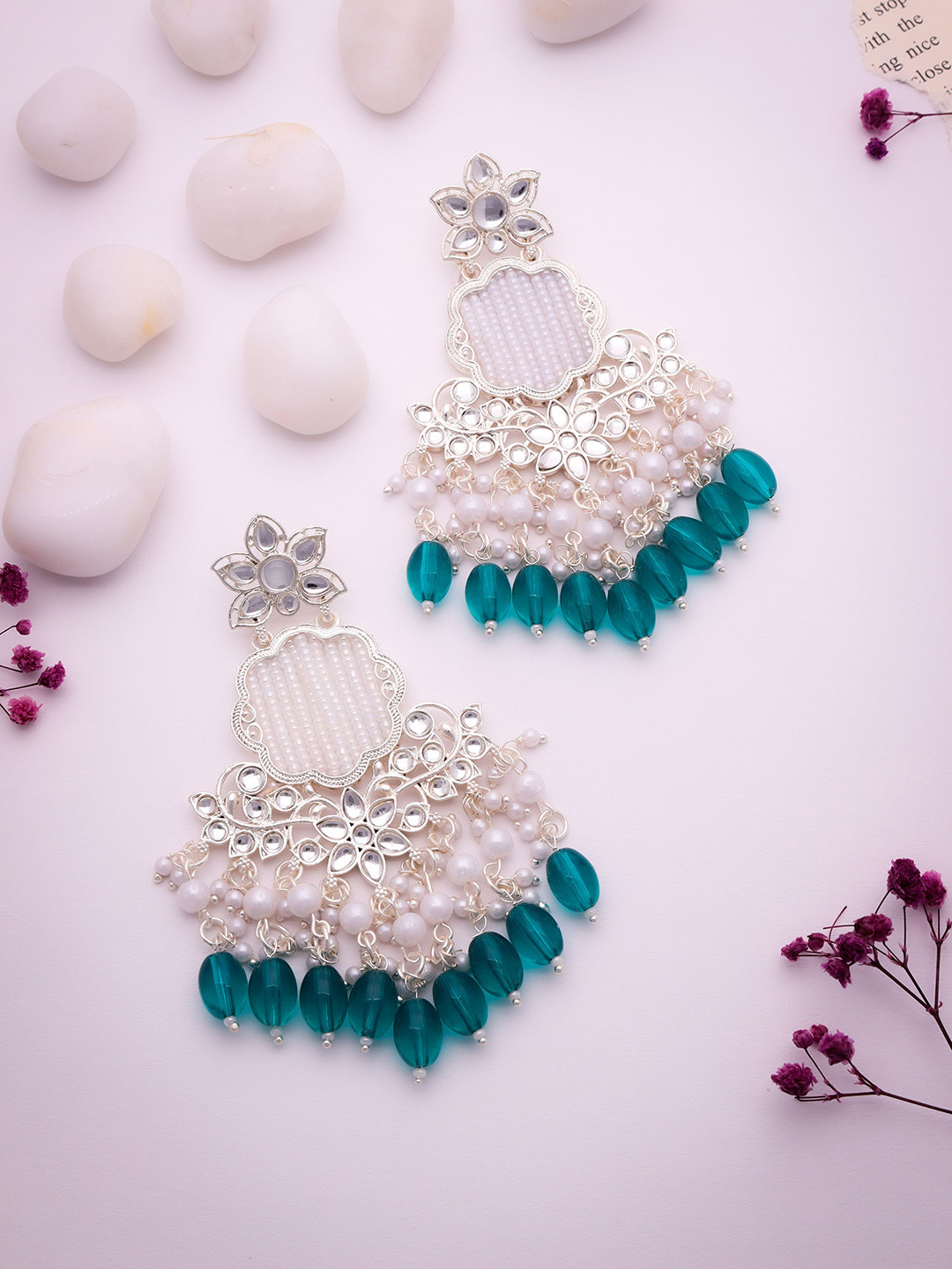 VEDDA Gold-Plated Kundan Studded Floral Drop Earrings