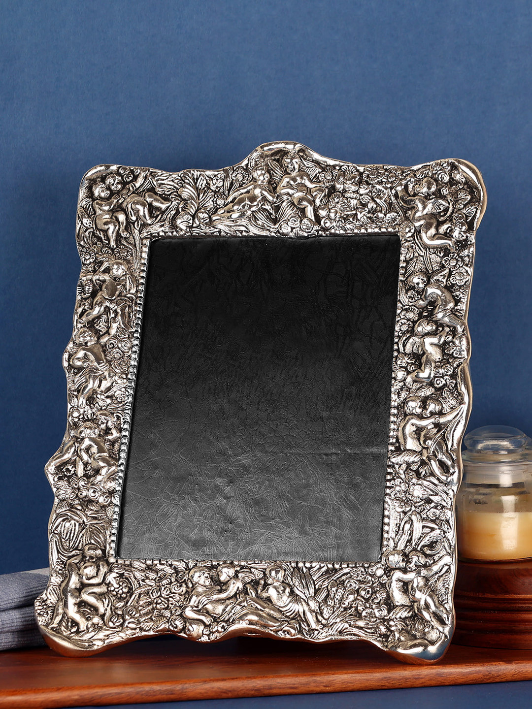 NM Silver-Toned & Black Textured Aluminium Square Table Photo Frame