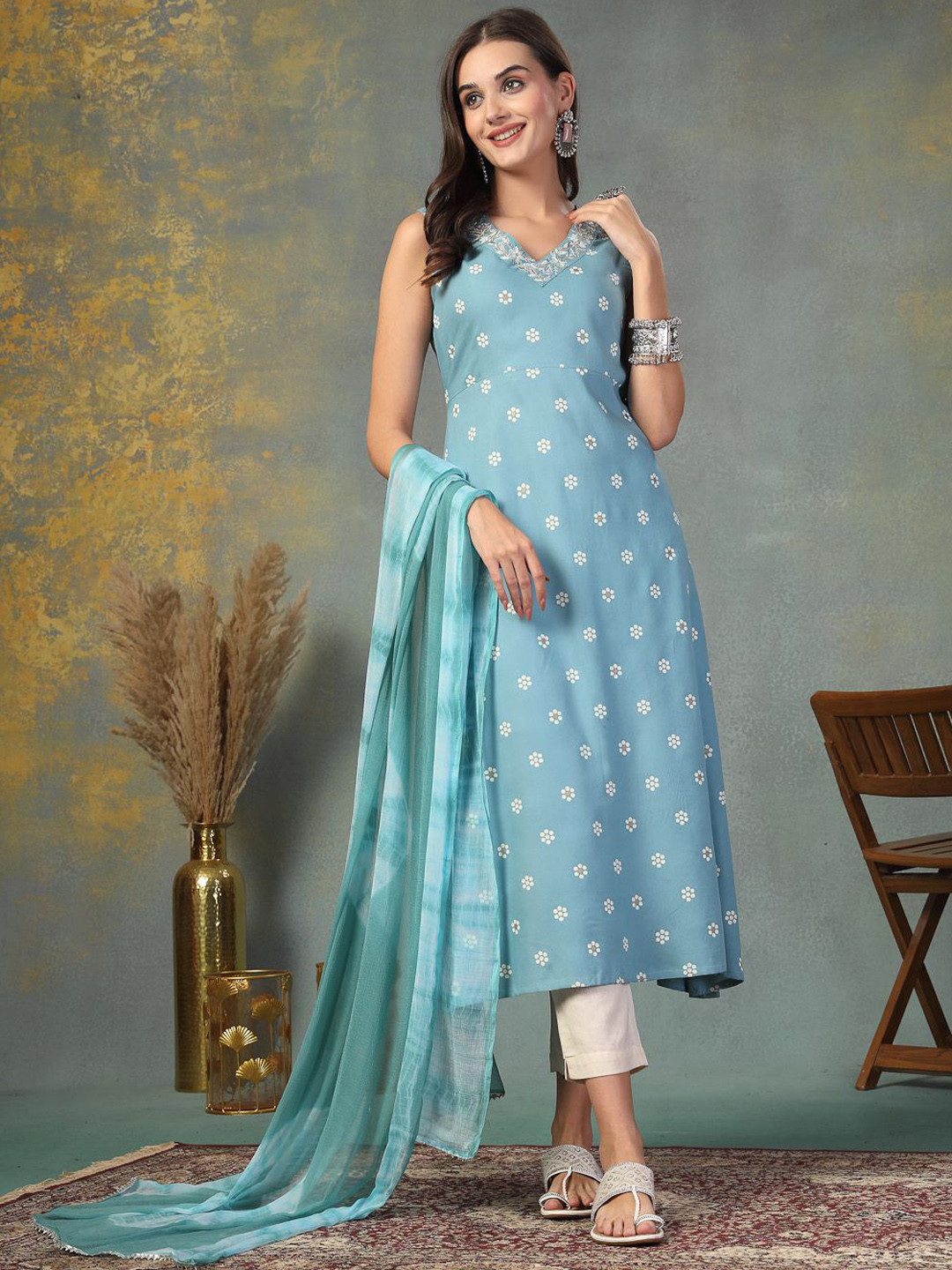 Stylum Women Sky Blue Floral Printed & Embroidered Rayon A-Line Kurta With Dupatta
