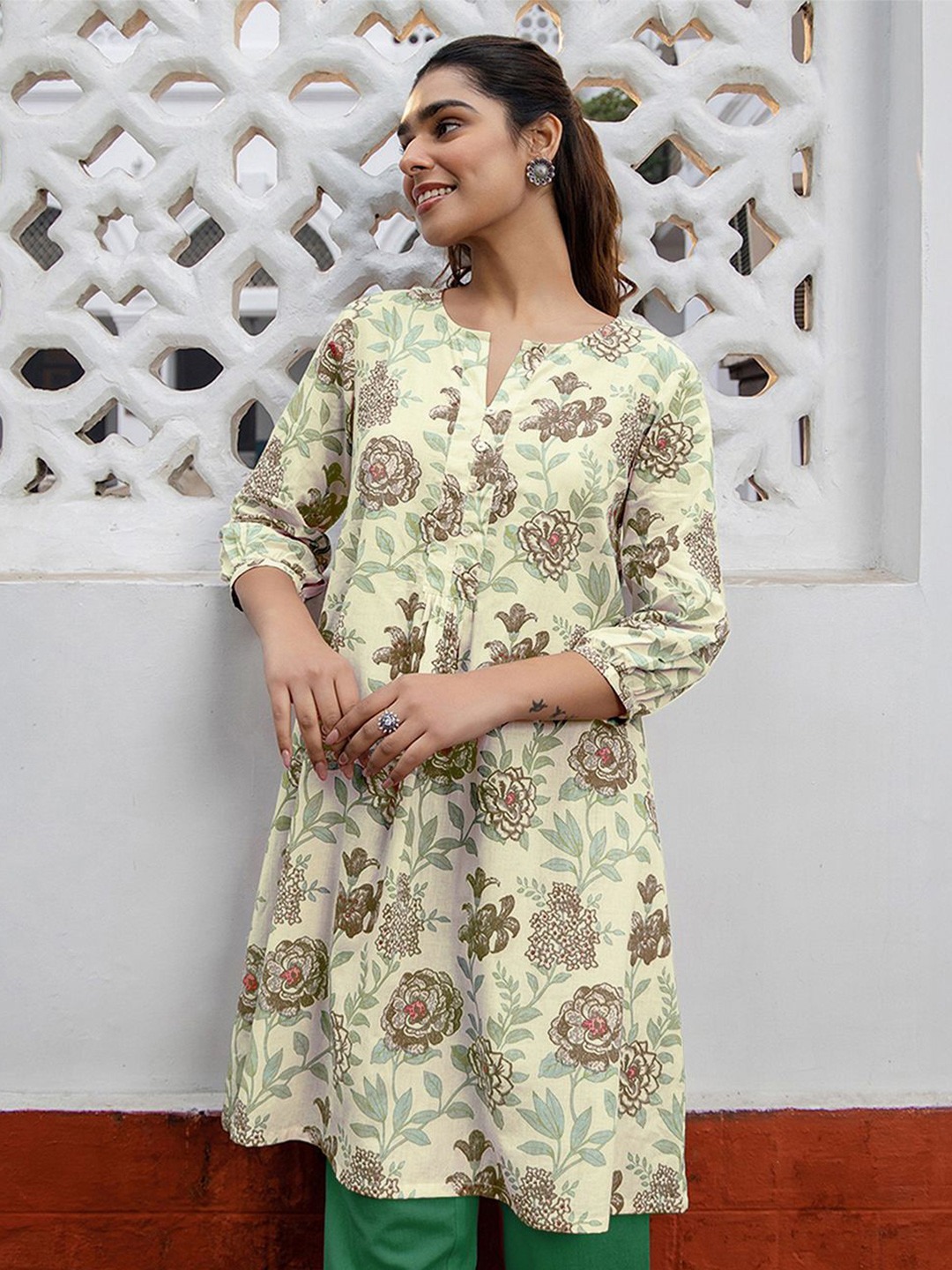 Janasya Women's Off-White Pure Cotton Floral Printed A-Line Tunic