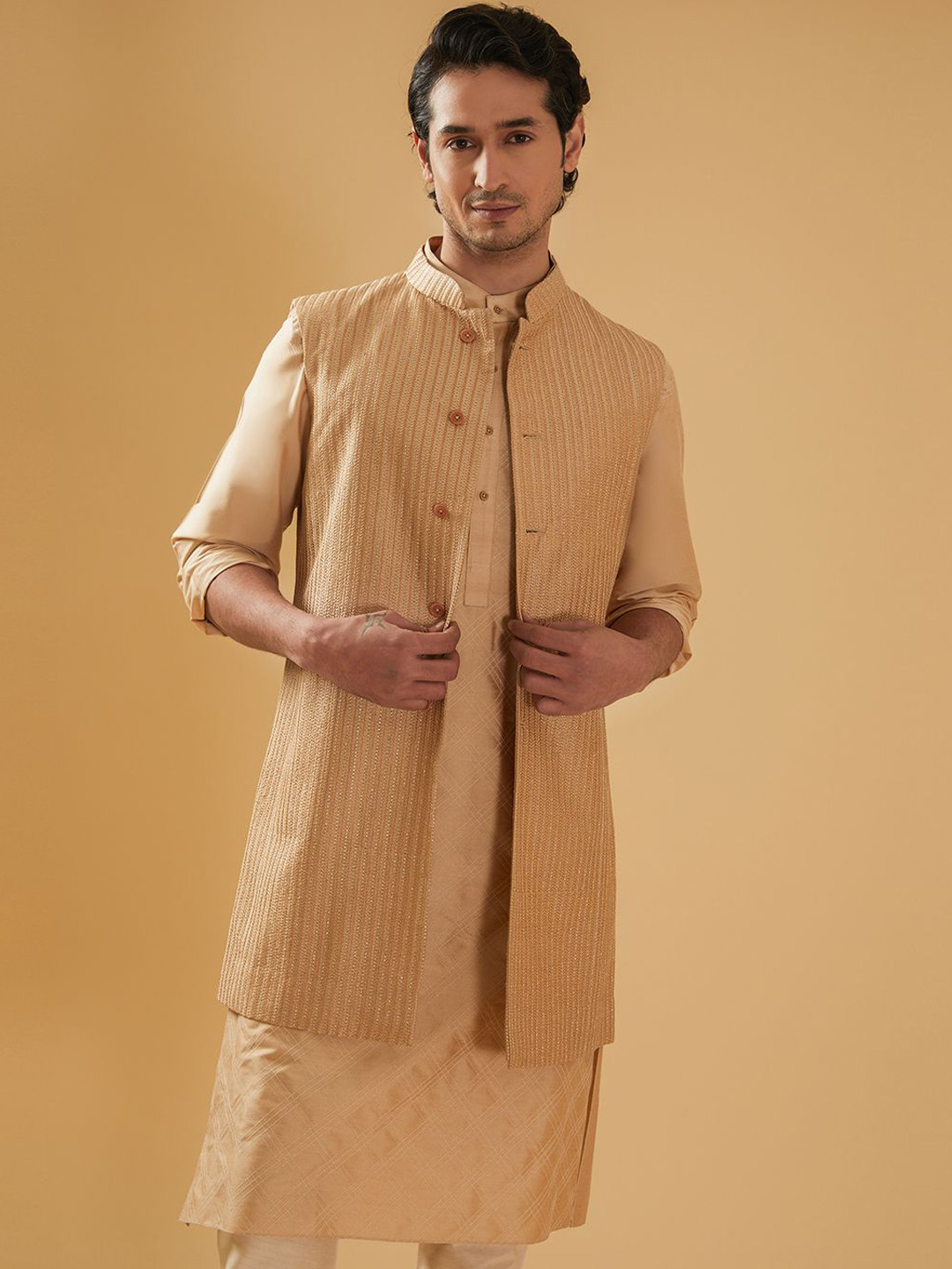 RR Blue Embroidered Mandarin Collar Longline Raw Silk Nehru Jacket