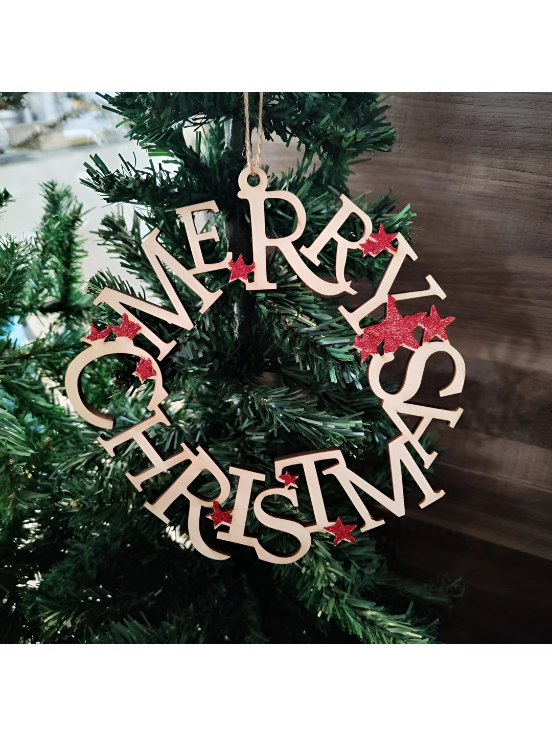 CraftVatika Beige & Red Wooden Christmas Wall Hanging