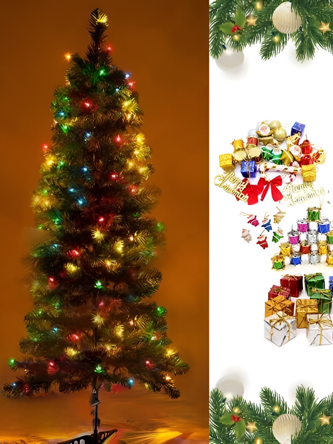 CraftVatika 88-Pcs Green & Red Christmas Tree with Decoration Ornaments