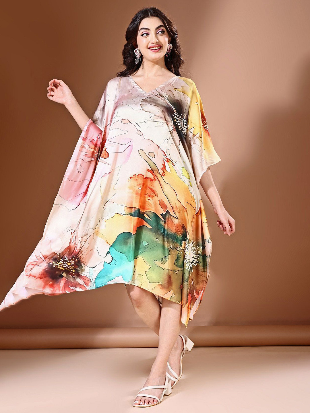 LABEL AARNA Women Wildflower Waves Soft Satin Short Kaftan