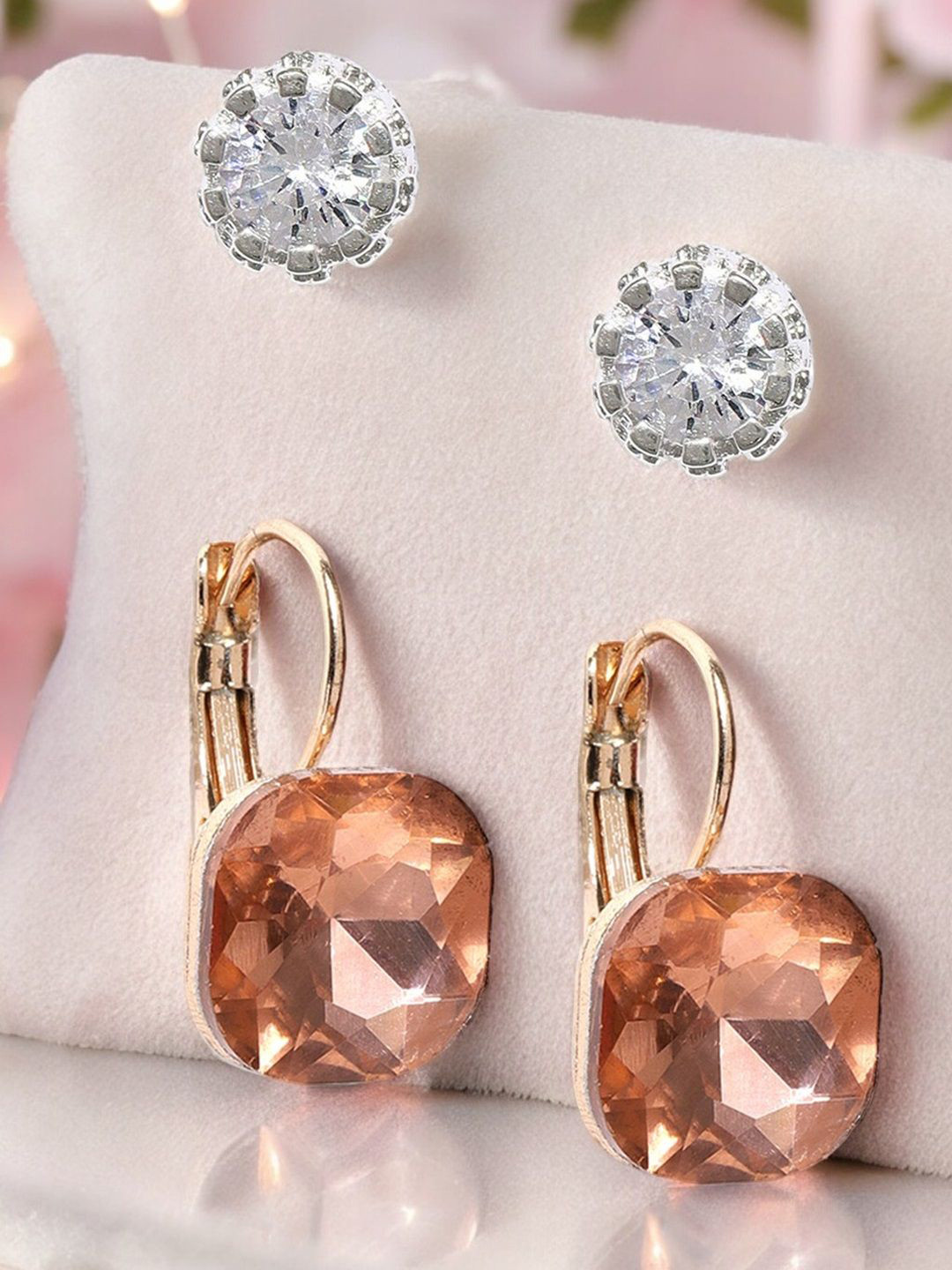 DressBerry Gold-Toned Set Of 2 Cubic Zirconia Studded Square Drop Earrings