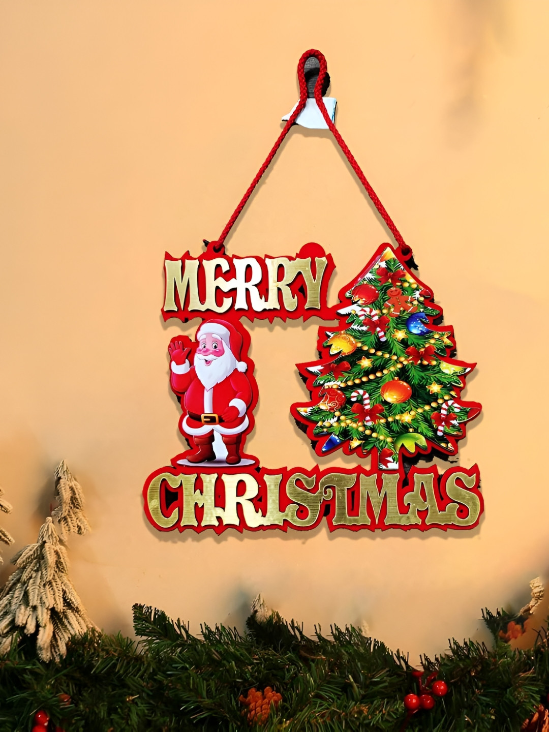 CraftVatika Red Christmas MDF Wooden Wall Hanging