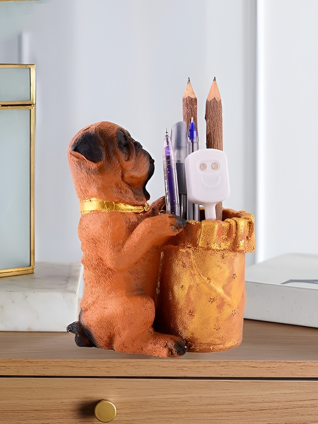 Zart Dog Shaped Pen Stand Brown Polyresin Matte Living Room Small Showpiece - 6 Inches