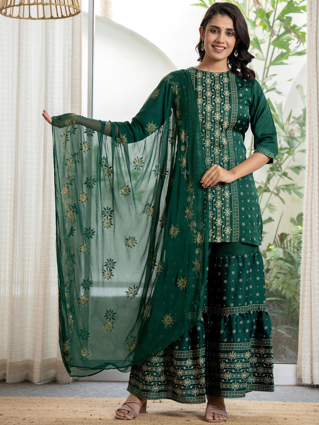 Juniper Women Green Mono Viscose Tunic Sharara & Dupatta Set with Thread Work