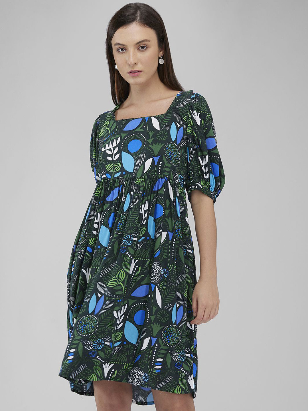 IZEL Women Tribal Printed Puff Sleeve Fit & Flare Dress