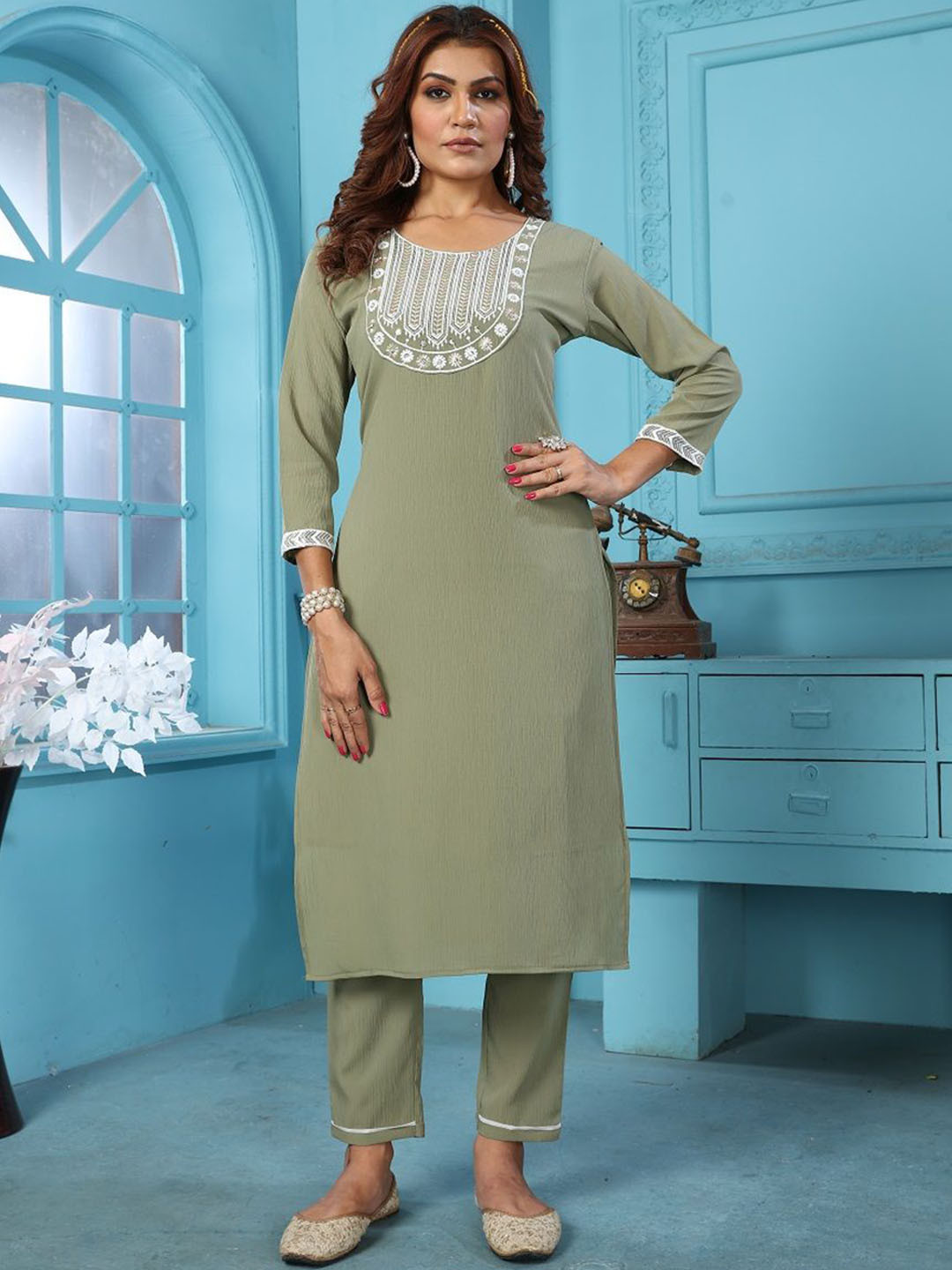 S.K.C Floral Embroidered Round Neck Three-Quarter Sleeves Kurta With Trouser
