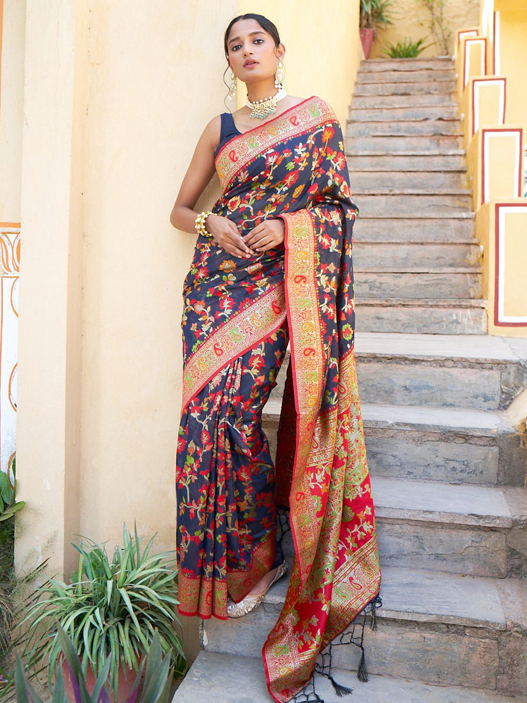 KALINI  Navy Blue Chanderi Silk Pashmina Saree with Unstitched Blouse Piece