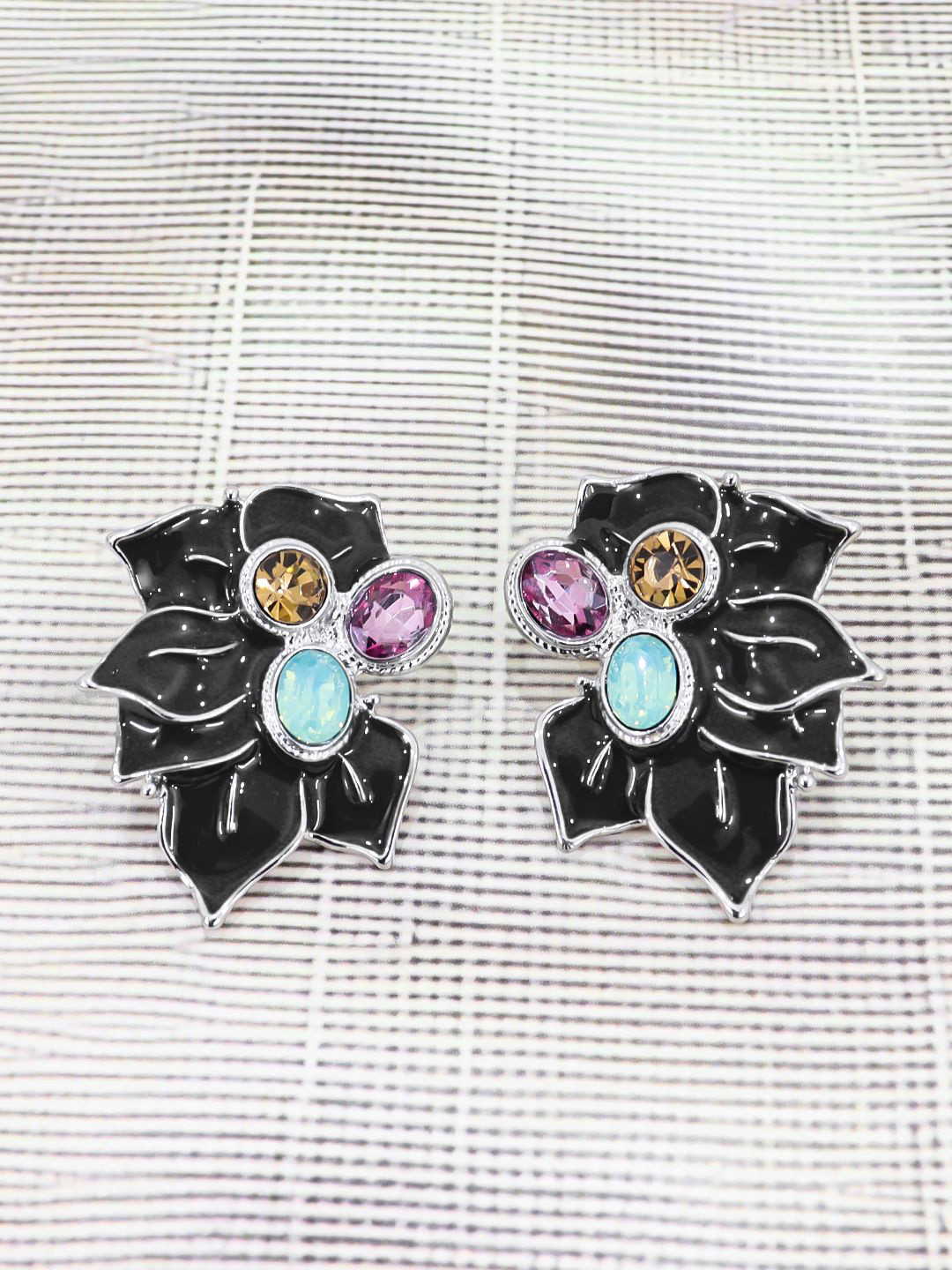 Krelin Silver-Plated Stainless Steel Rhinestone Resin Flower Elegant Acrylic Petal Studs