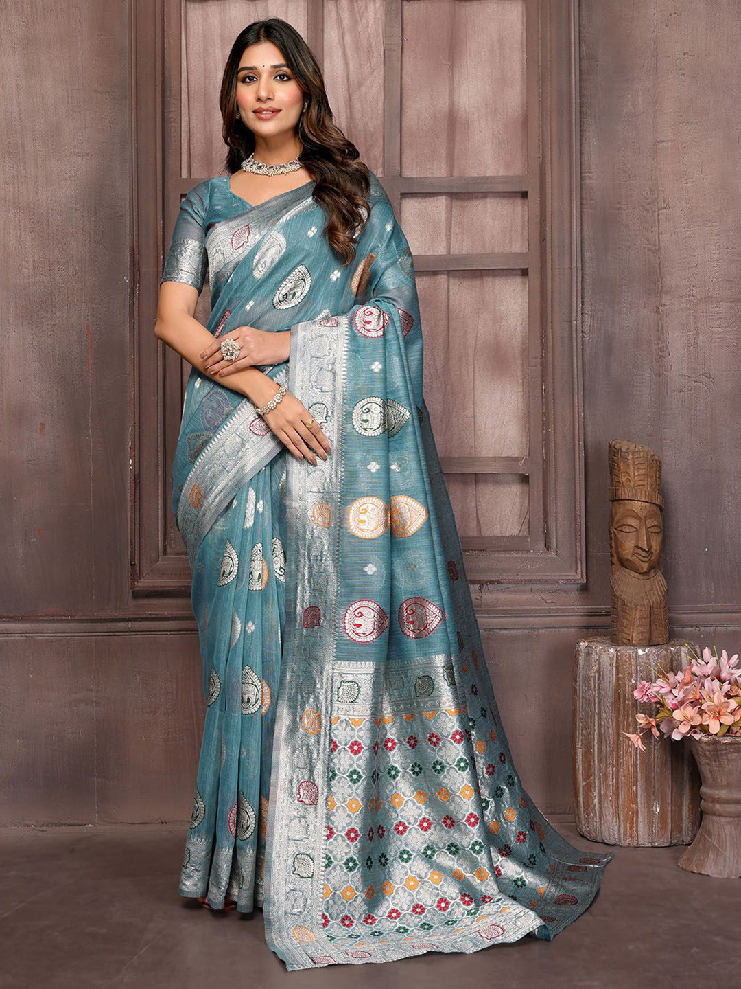 KALINI  Blue Linen Blend Ethnic Motifs  Design Kanjivaram Saree with Blouse Piece