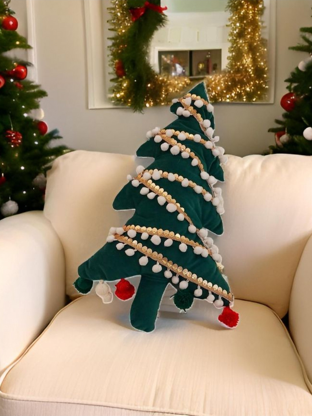 THROWPILLOW Green Embellished Velvet Washable Tree Shaped Cushion Cover -14x14In