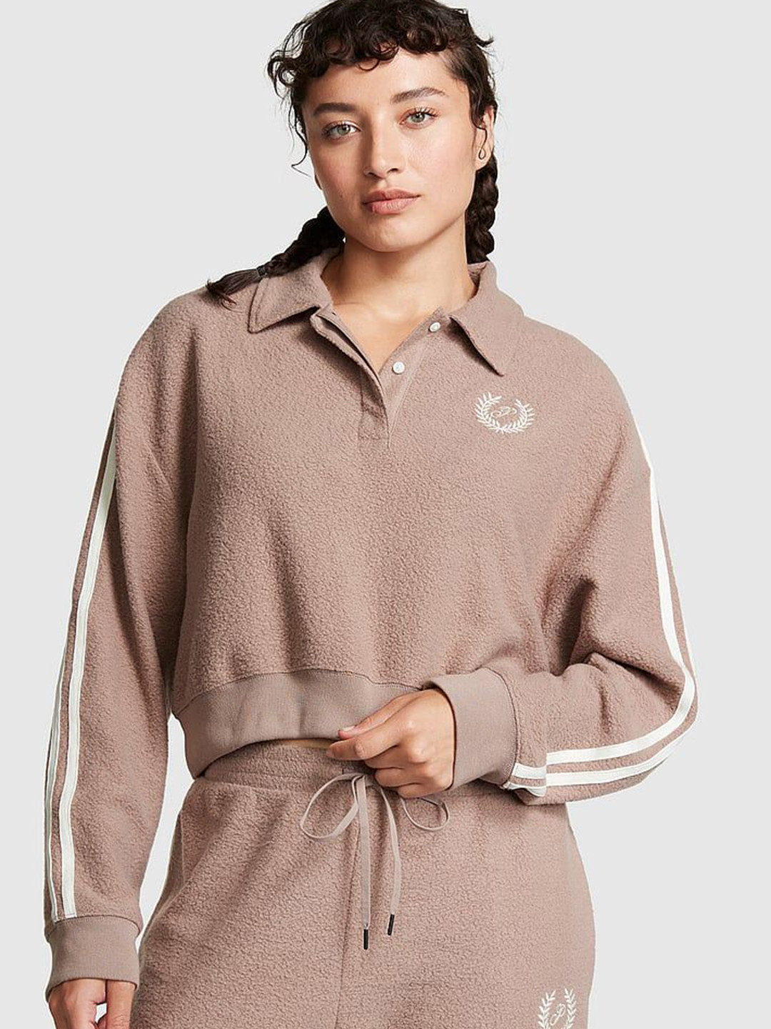 Victoria's Secret PINK Reverse Fleece Cropped Polo Sweatshirt