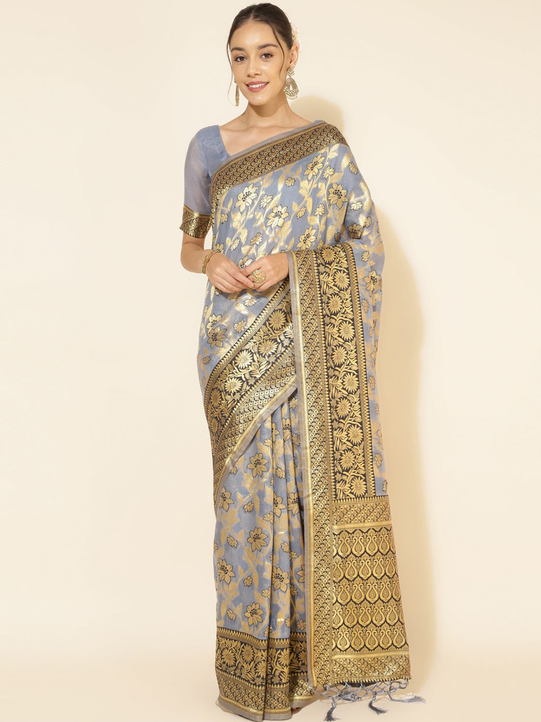 KALINI  Grey Chanderi Silk Floral Saree with Unstitched Blouse Piece
