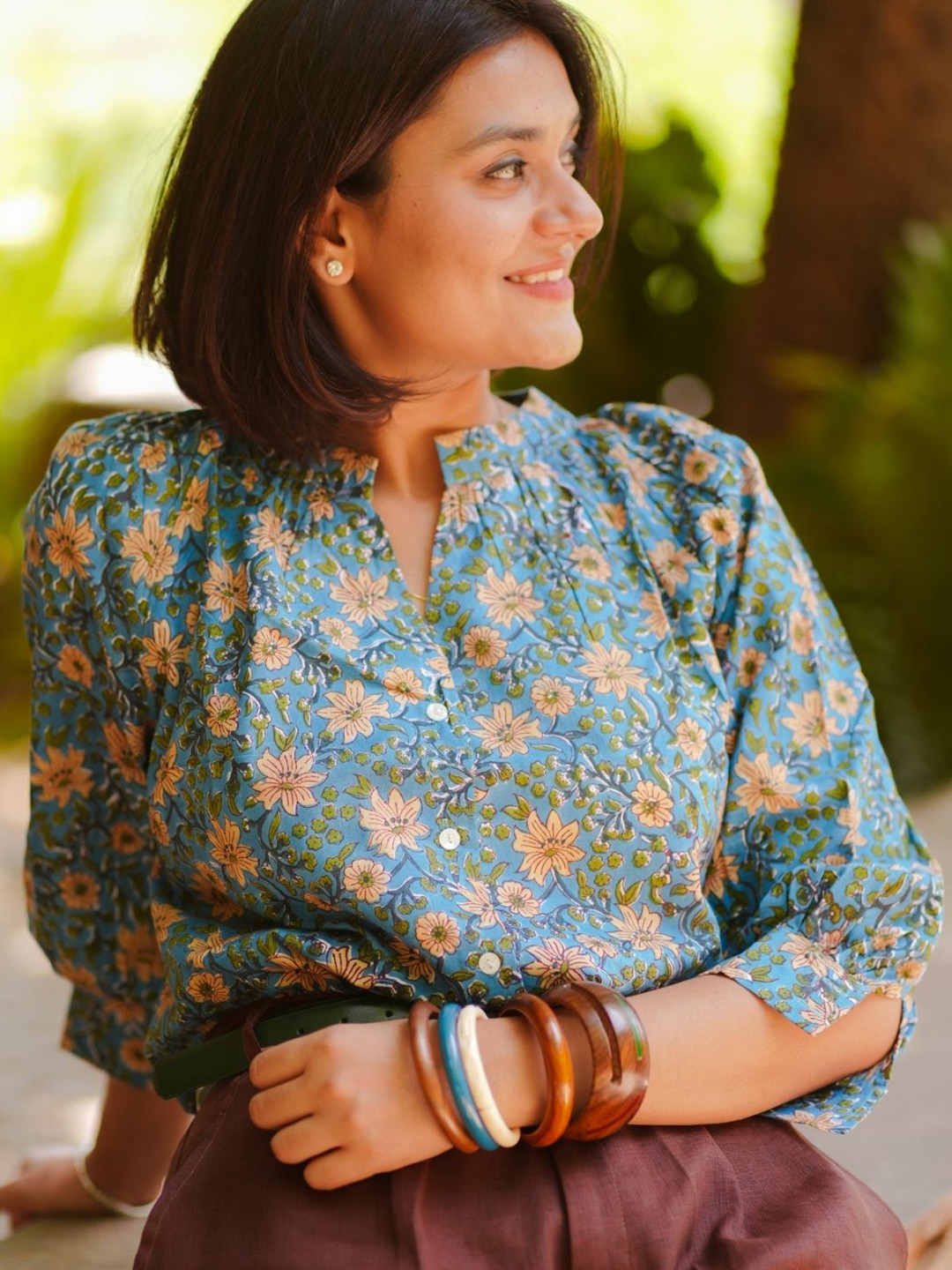 SASSY SAJJA Floral Print Mandarin Collar Cotton Blouson Top