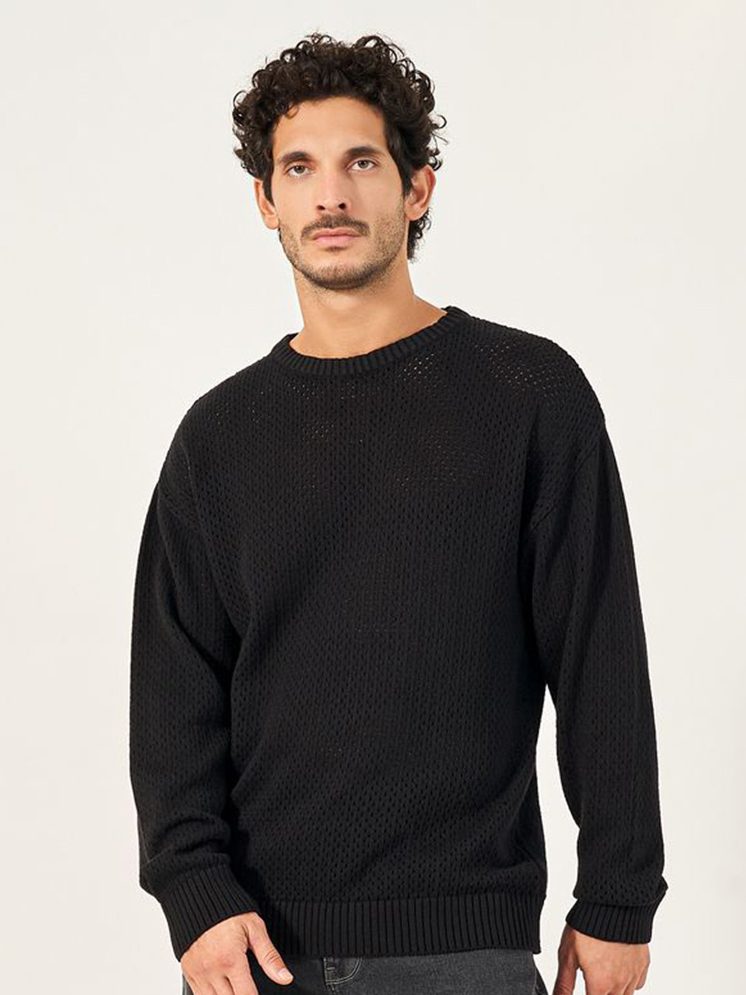 Styli Men Crochet Knit Relaxed Fit Crew Neck Sweater