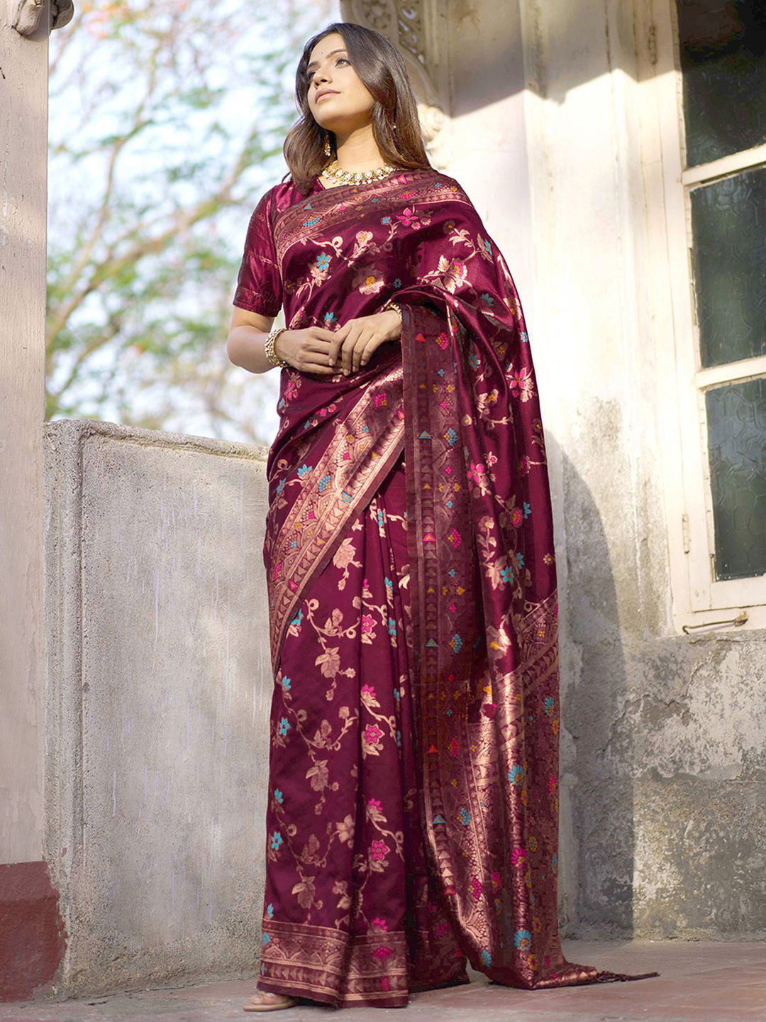 KALINI  Wine Banarasi Silk Floral Saree with Unstitched Blouse Piece