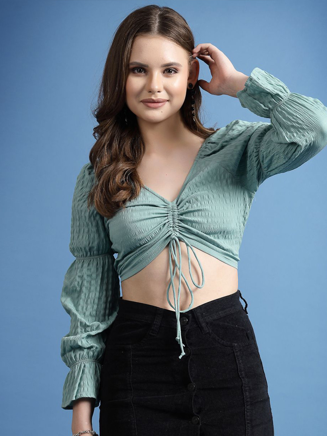 BEING NAUGHTY Women Bell Sleeve Bardot Crop Top