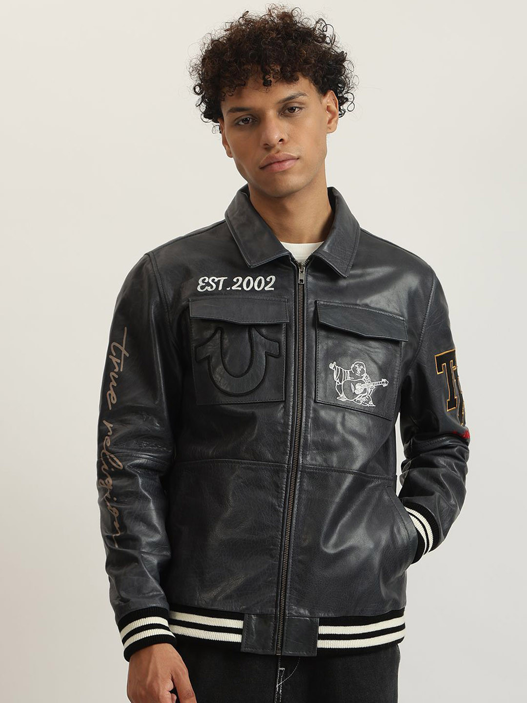 True Religion Men Leather Biker Jacket with Patchwork