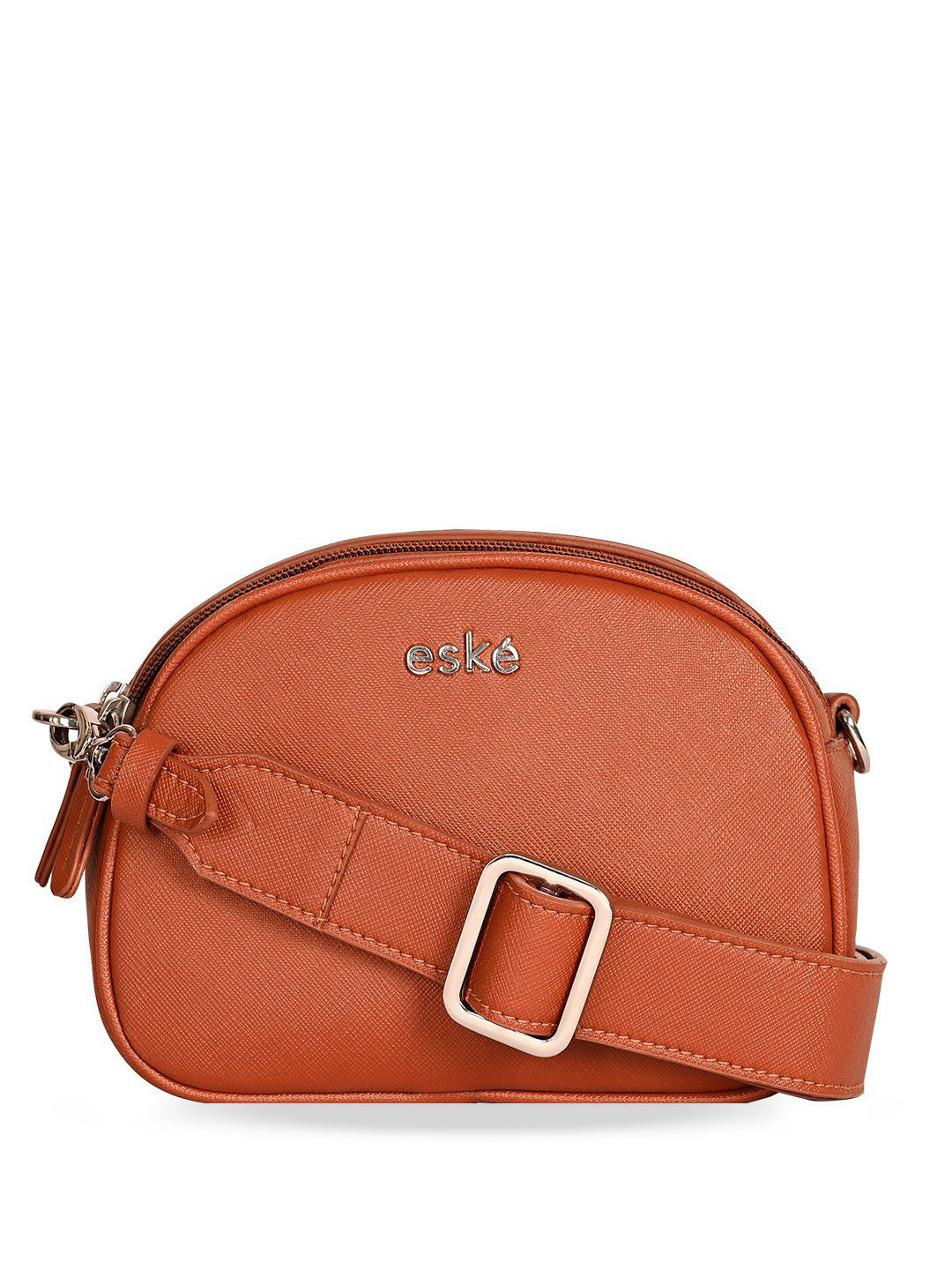 eske Women Tan Textured Dual Compartment Adjustable Strap Leather Small Shoulder Bag