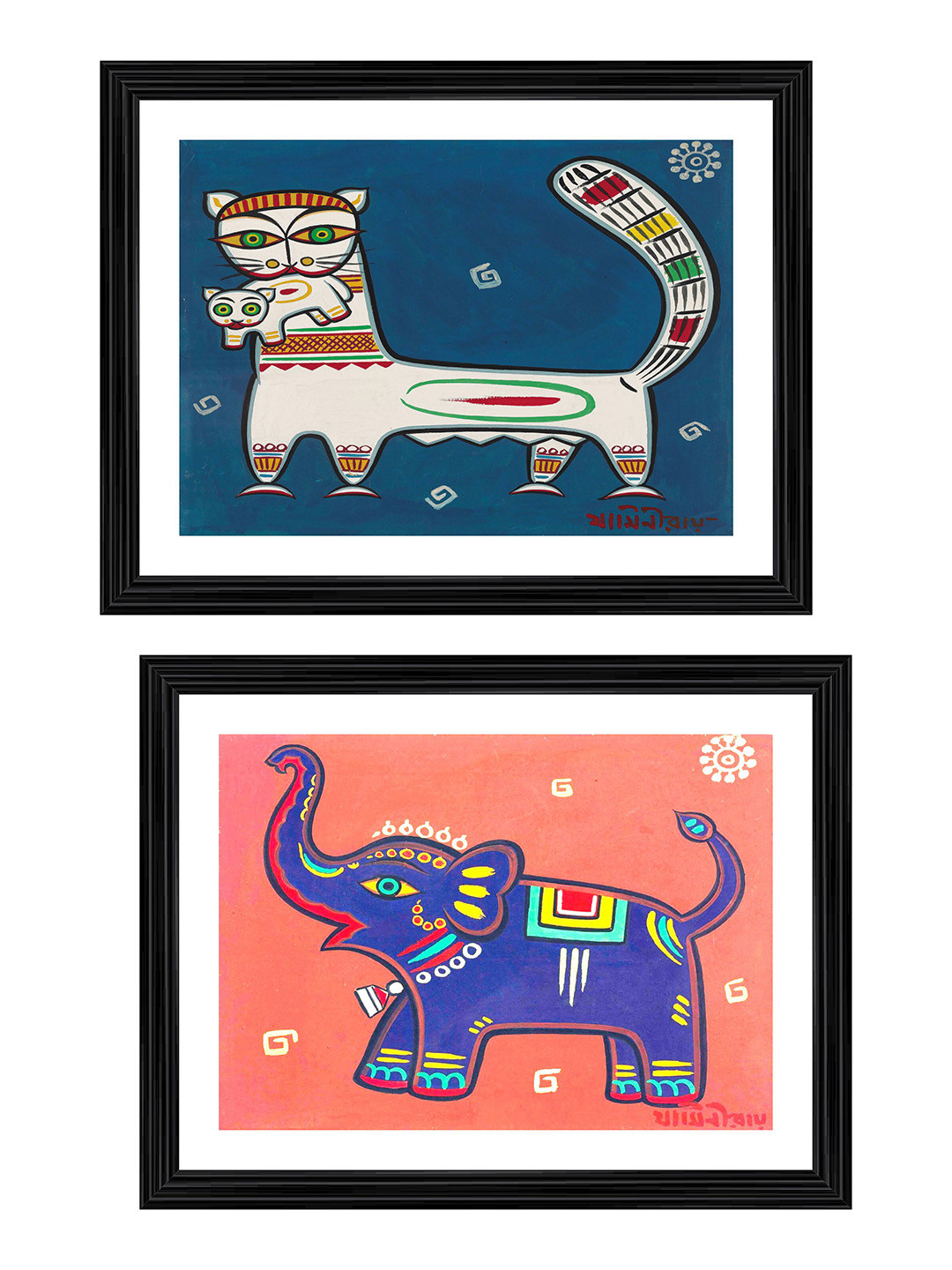 Adventures India Cat and Kitten & The Elephant Two 2 Piece Paintings Wall Art -17 x 13 In