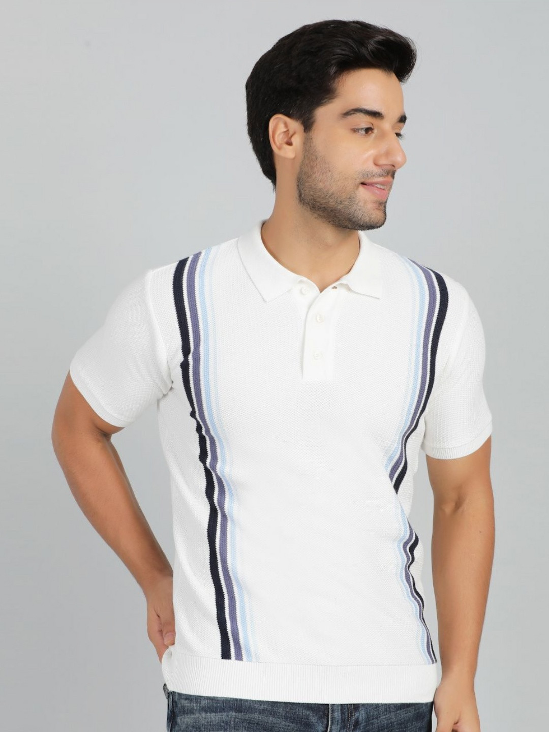 JADE BLUE Men Textured Polo Collar Pure Cotton Slim Fit T-shirt