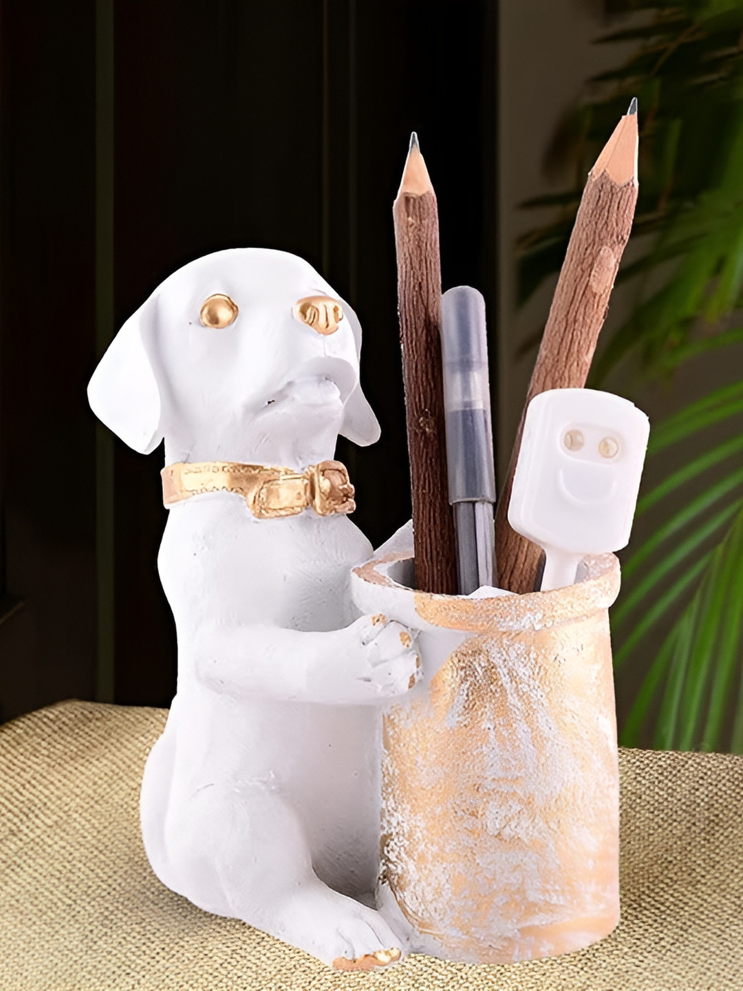 Zart Dog Shaped Pen Stand White Polyresin Matte Study Room Small Showpiece - 6 Inches