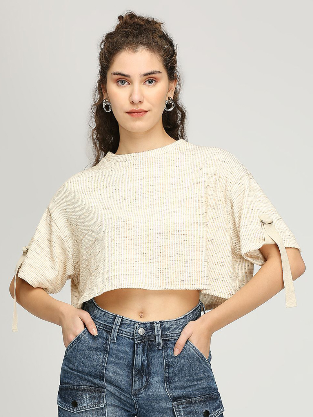 IZEL Women Self Design Round Neck Cotton Boxy T-shirt