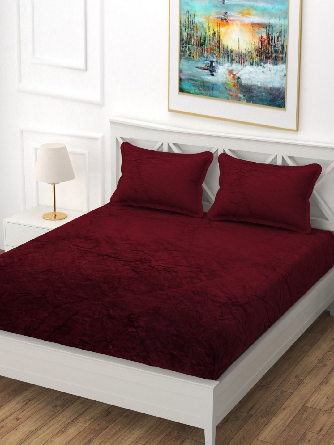 BLUEDOT Maroon Velvet Flannel Warm Fitted King Bedsheet Set