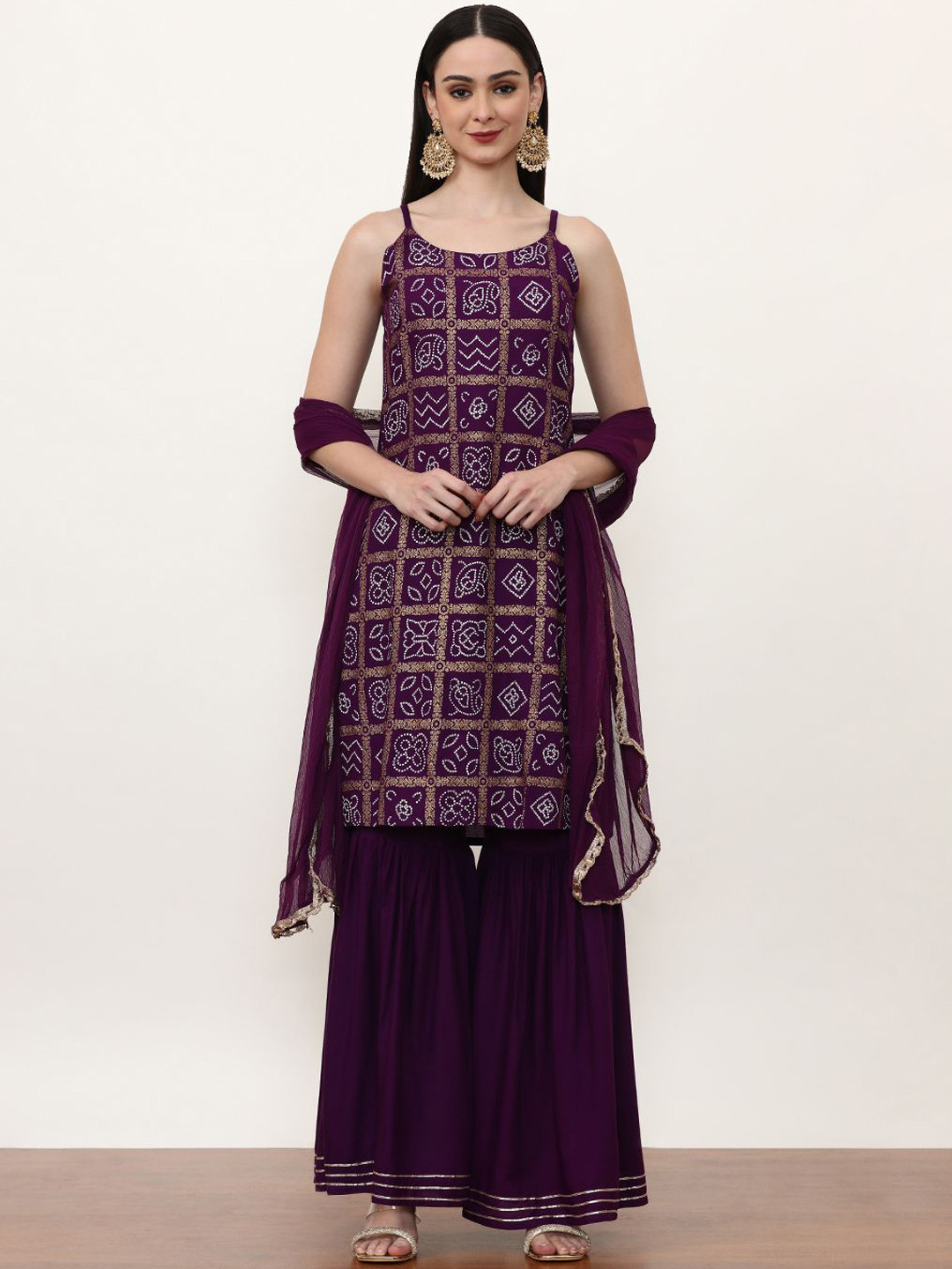 Jaipur Kurti Ethnic Motifs Printed Sleeveless Straight Kurta with Sharara & Dupatta