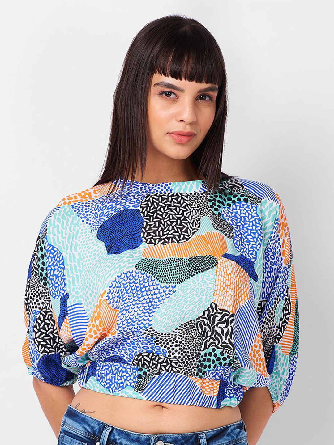 IZEL Print Puff Sleeve Blouson Crop Top