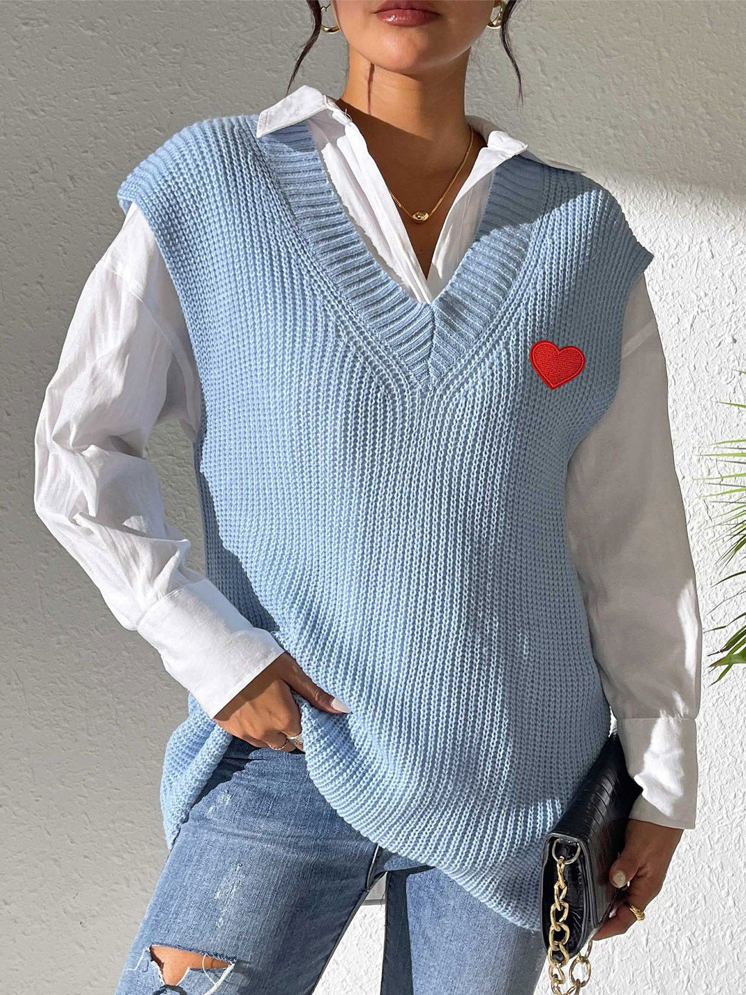 StyleCast Women Striped Sweater Vest with Applique Detail