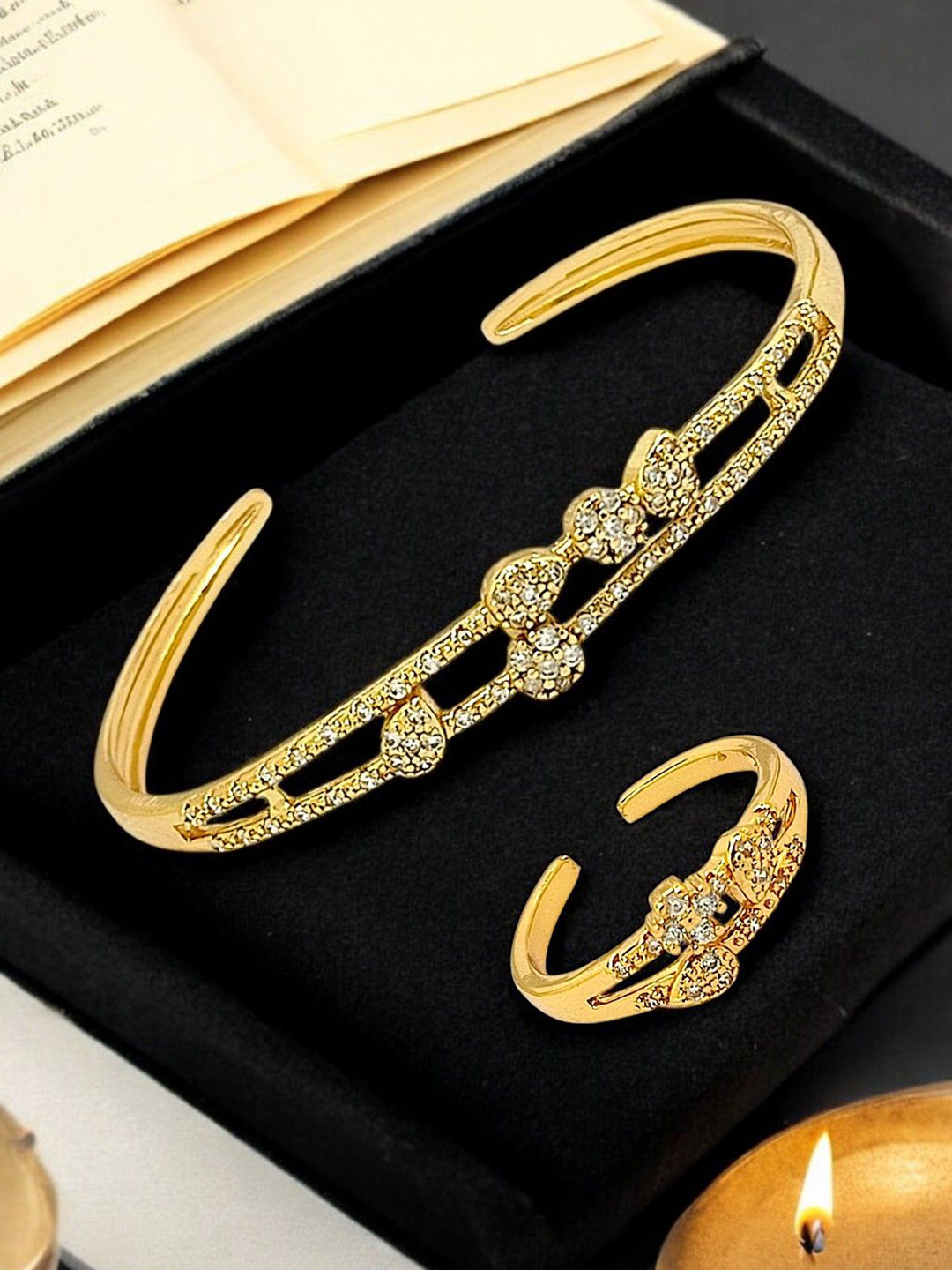 FEMMIBELLA Gold-Plated Cuff Bracelet With finger Ring