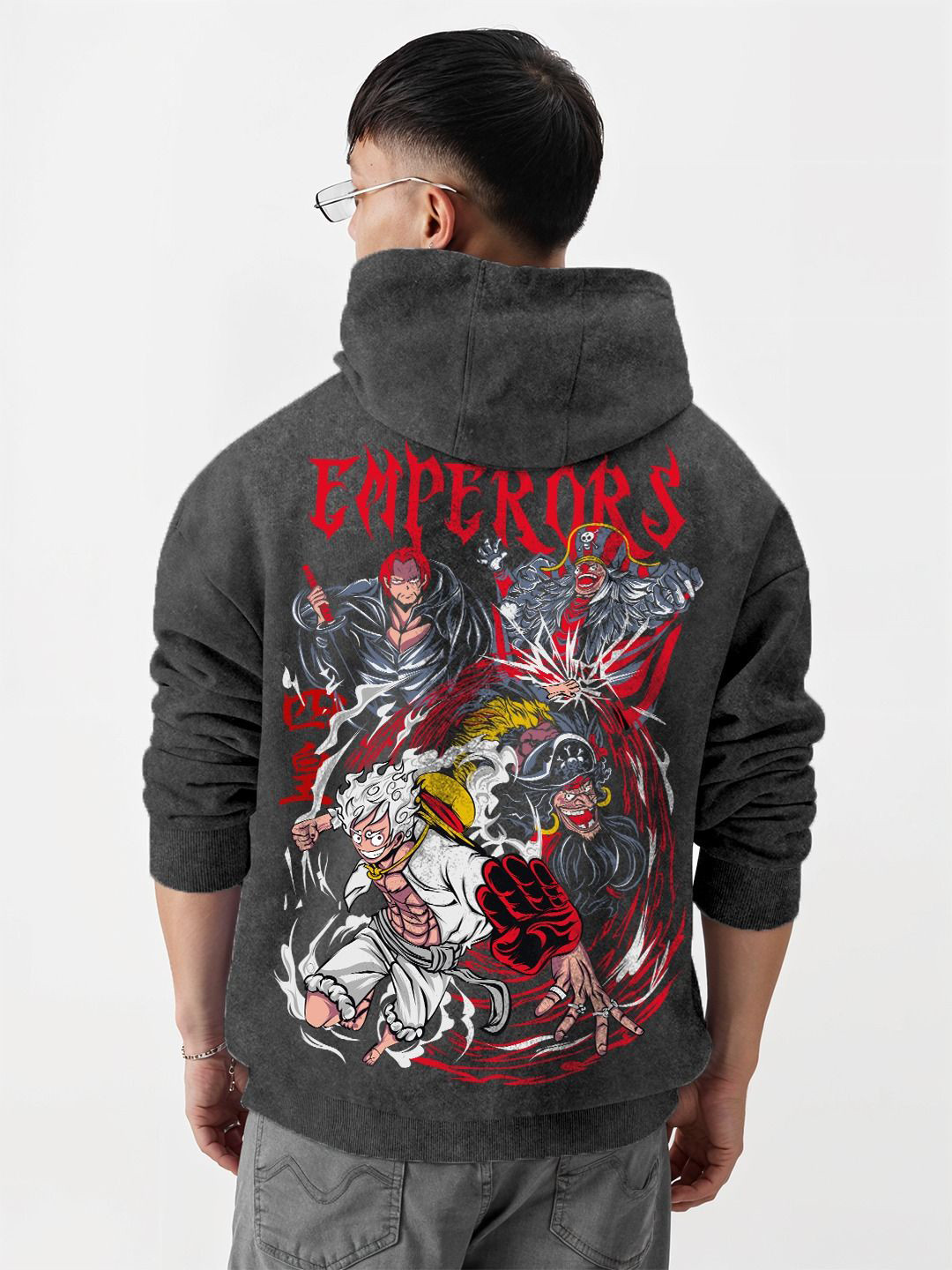 Crazymonk Printed Anime Four Emperor Acid Wash Oversized Fit Hooded Sweatshirt
