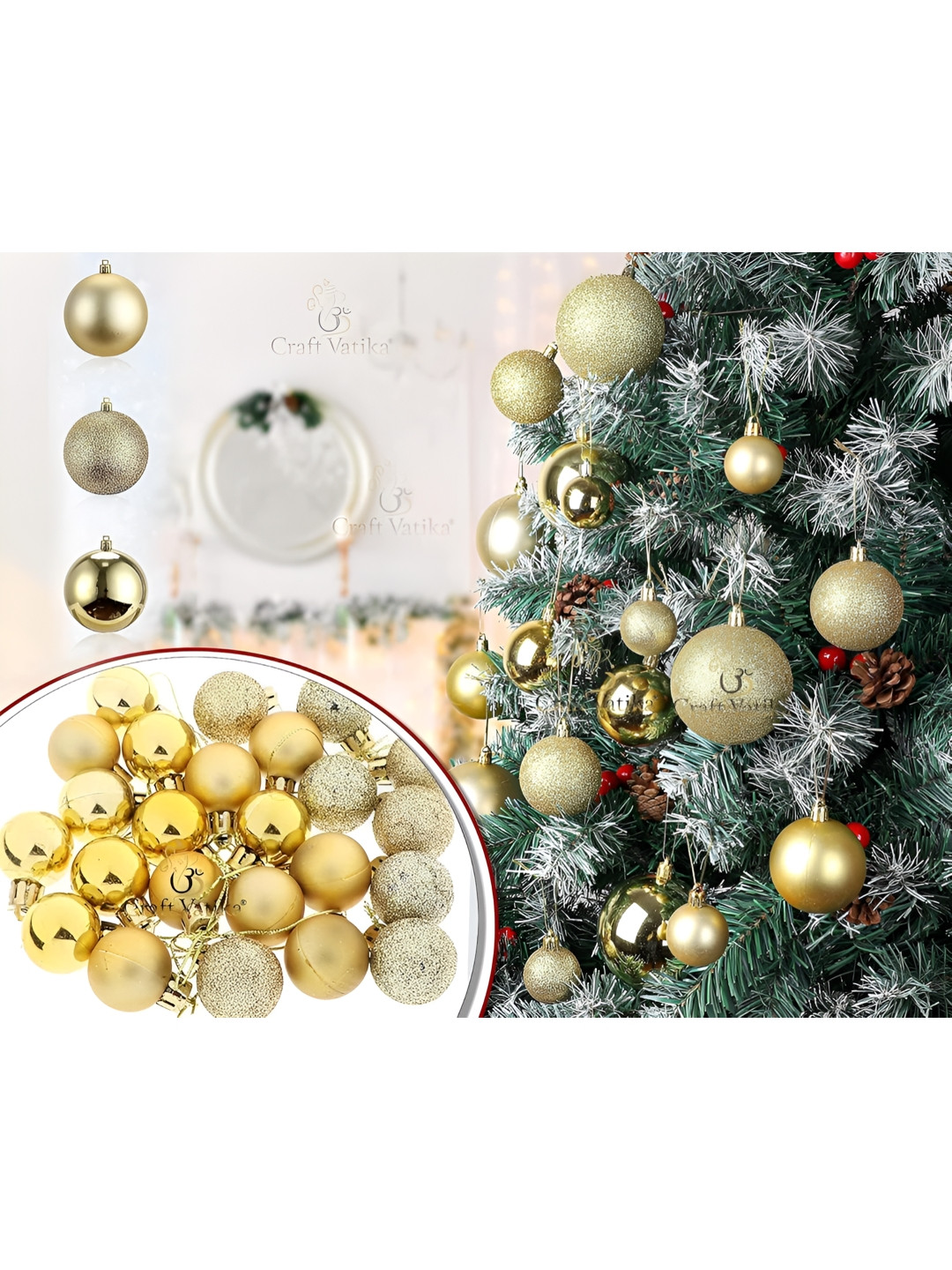 CraftVatika Set Of  36 Yellow Tree Baubles Balls Decor Hanging Ornament