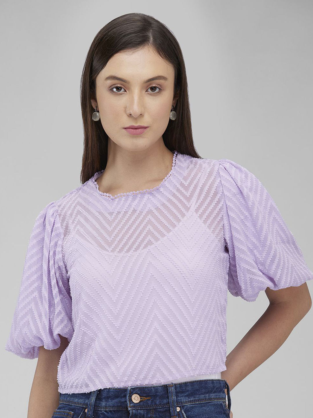 IZEL Self Design Puff Sleeve Crop Top