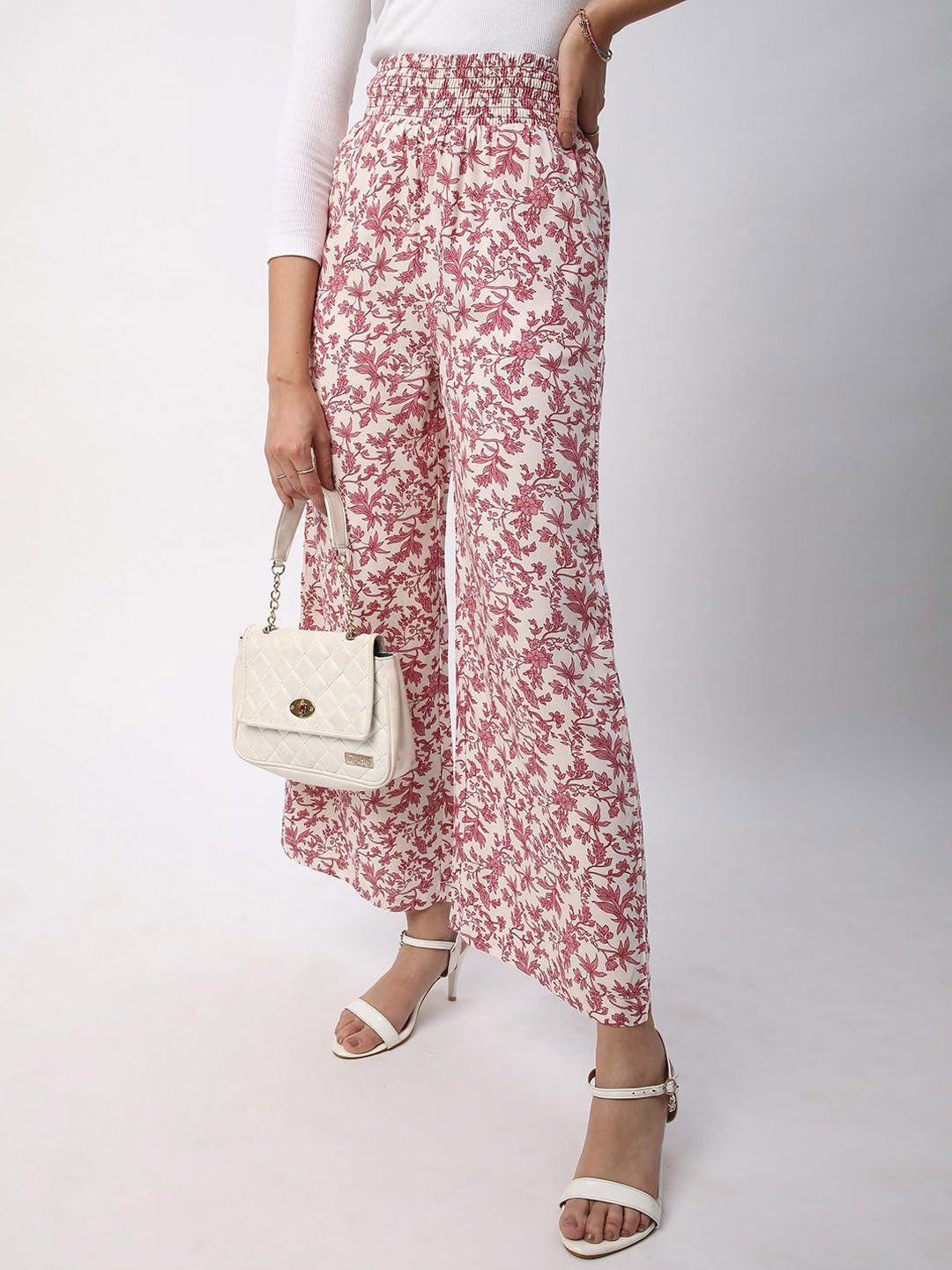 Mystere Paris Women Floral Printed Flared High-Rise Wide Leg Trousers