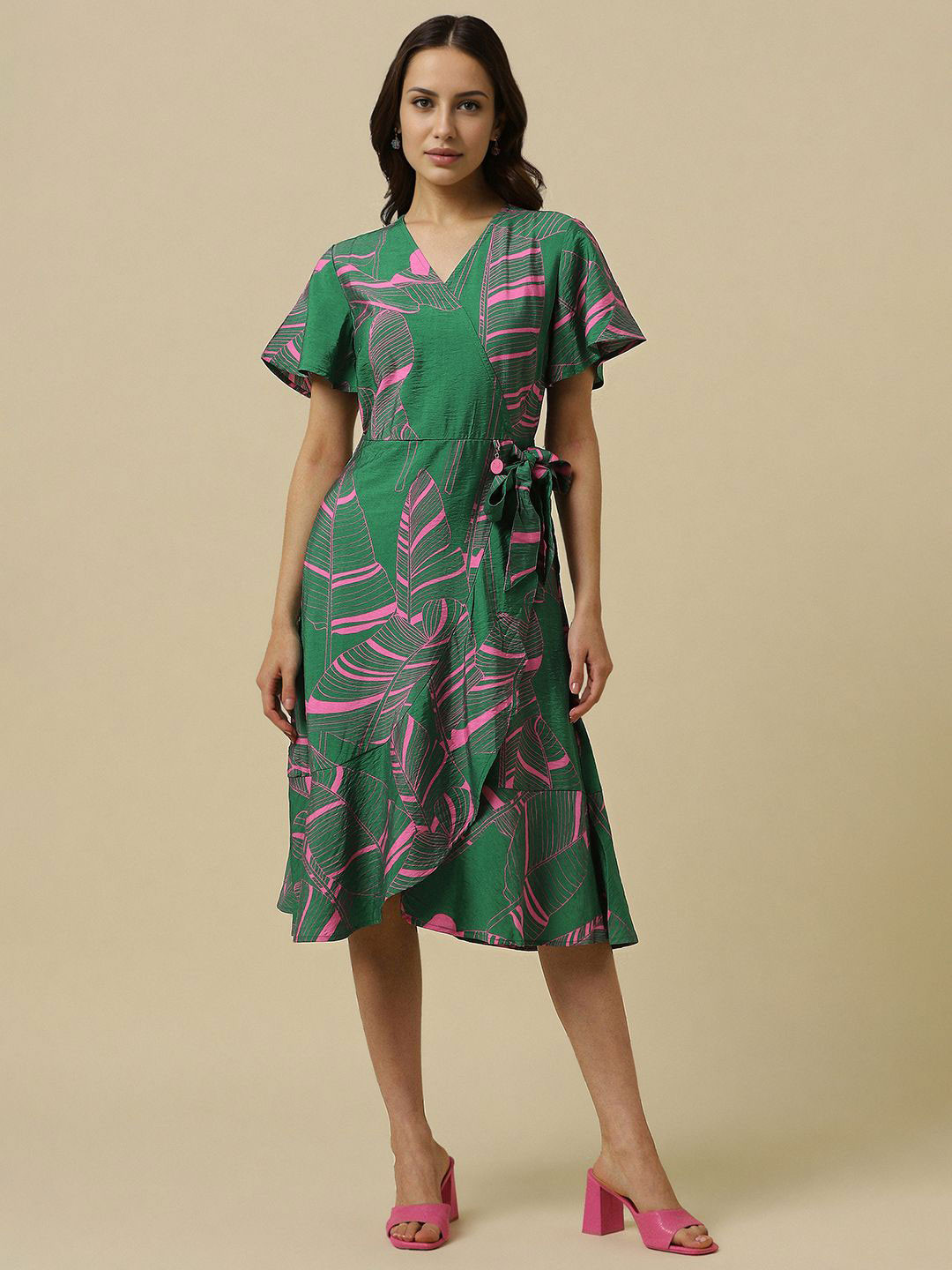 Allen Solly Woman Tropical Printed V-Neck Flared Sleeve Wrap Dress