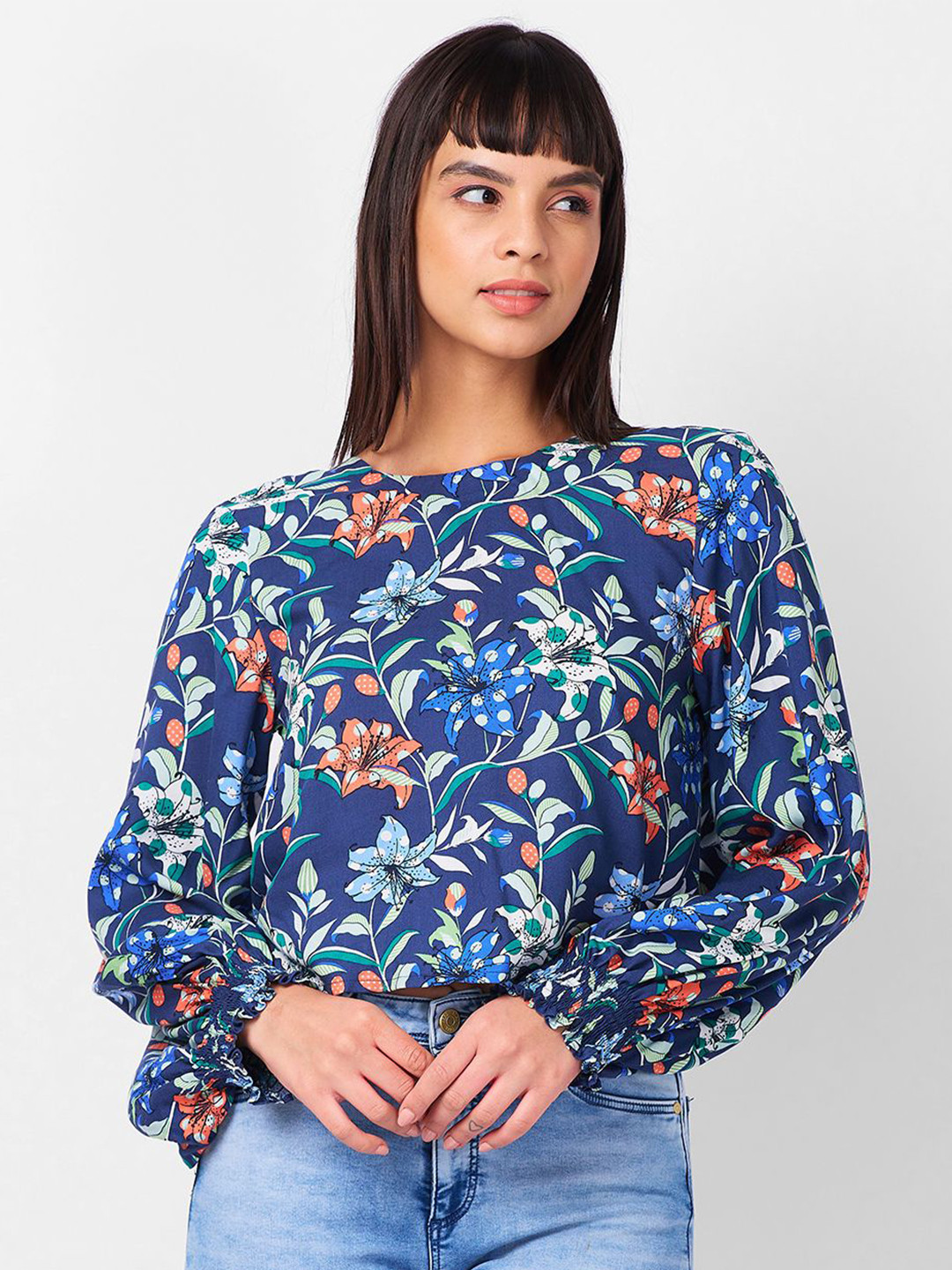 IZEL Tropical Print Puff Sleeve Twisted Styled Back Crop Top