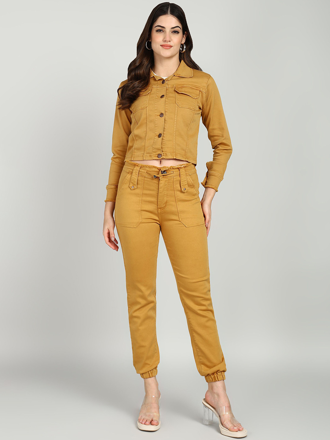 Nifty Shirt Collar Denim Jacket With Joggers