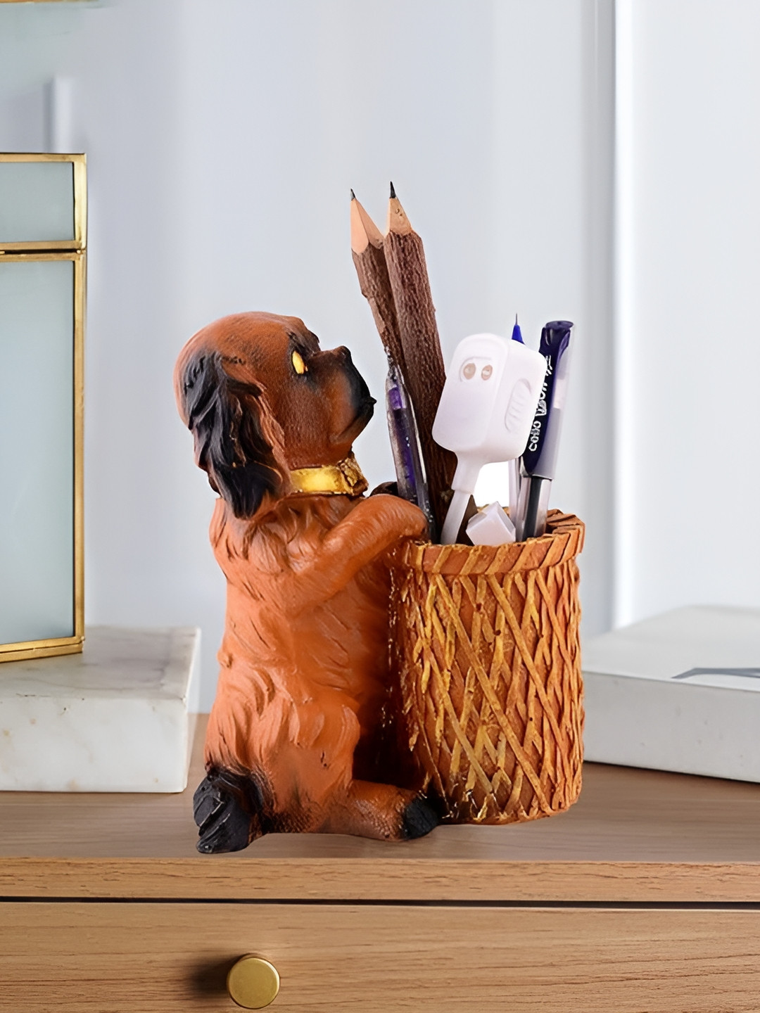 Zart Dog Shaped Pen Stand Brown Polyresin Glossy Living Room Small Showpiece - 6 Inches