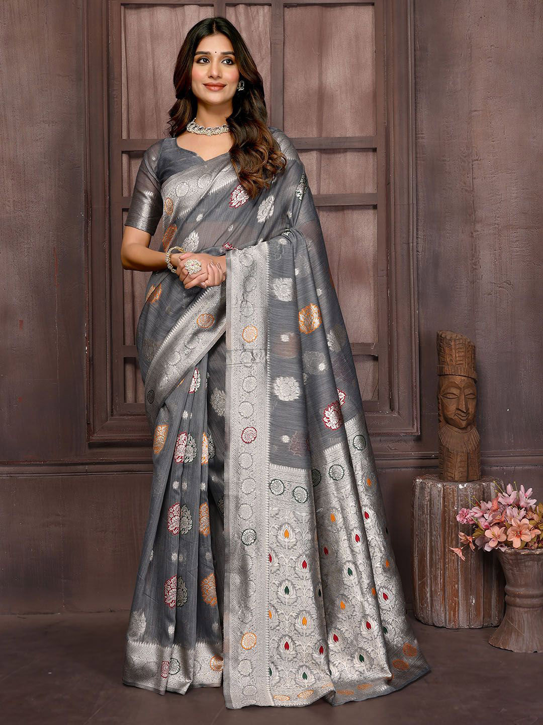 KALINI  Grey Linen Blend Ethnic Motifs  Design  Saree with Blouse Piece