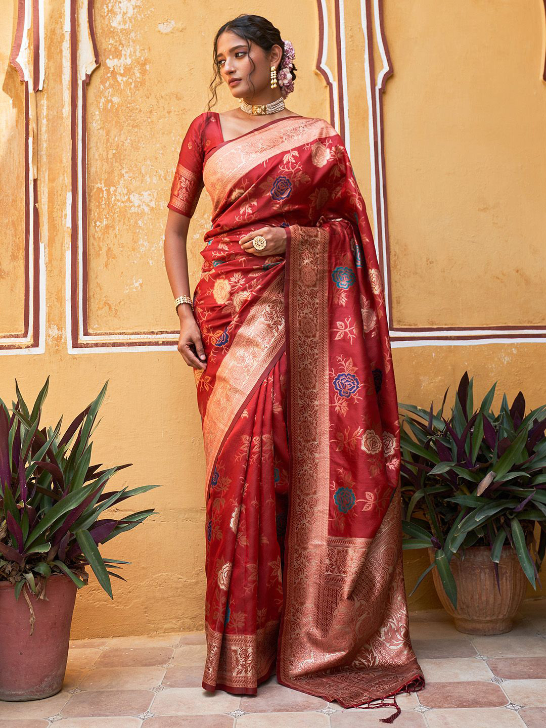 KALINI  Red Banarasi Silk Floral Saree with Unstitched Blouse Piece