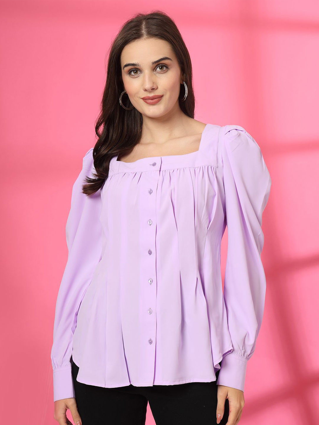 plusS Women Solid Square Neck Casual Shirt