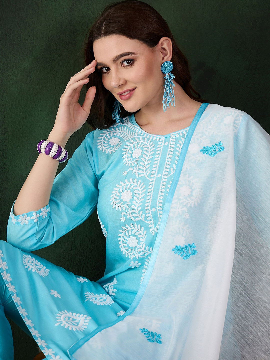 Sangria Blue and White Ethnic Motifs Embroidered Thread Work Pure Cotton Kurta Set