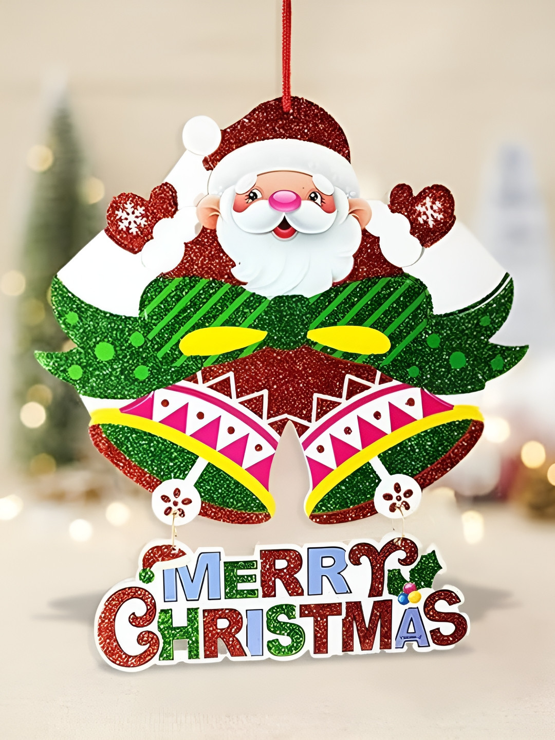 CraftVatika Green & Red Glitter Christmas Hanging Decoration