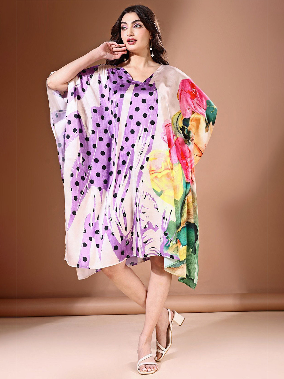 LABEL AARNA Women Lavender Luxe Soft Satin Short Kaftan